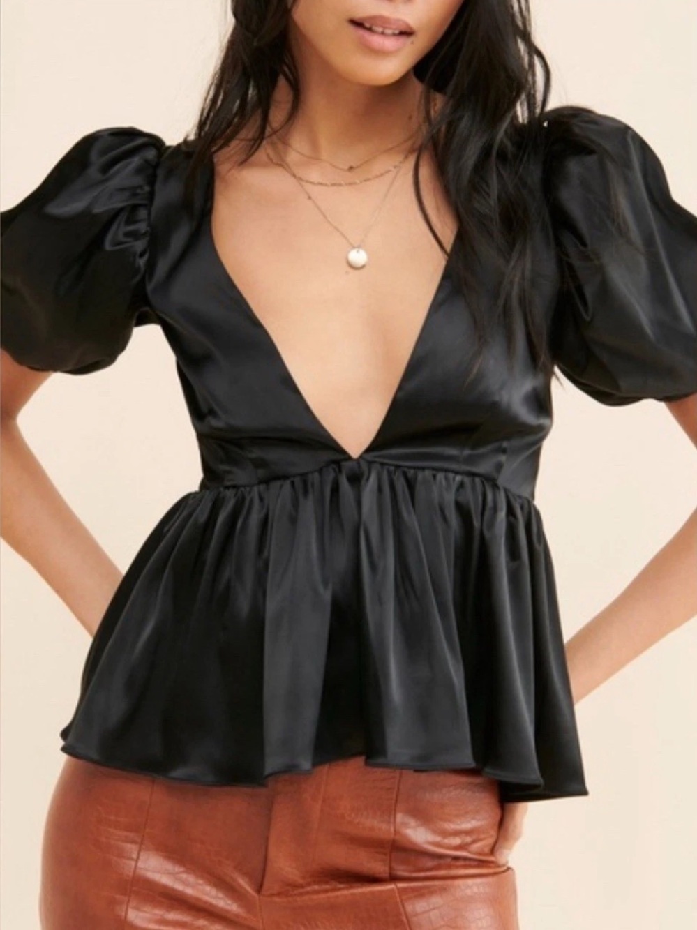 Allina Liu Black Satin Puff Sleeve Lace Up Top Size XS Deep V Peplum